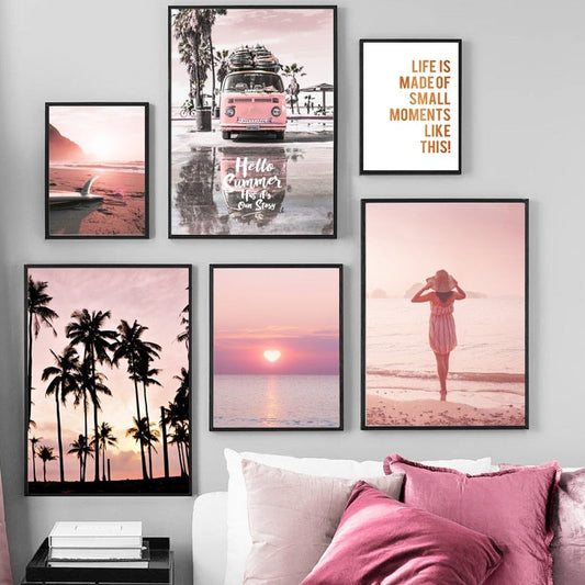 Pink Sunset Beach Coconut Tree Surfboard Wall Art