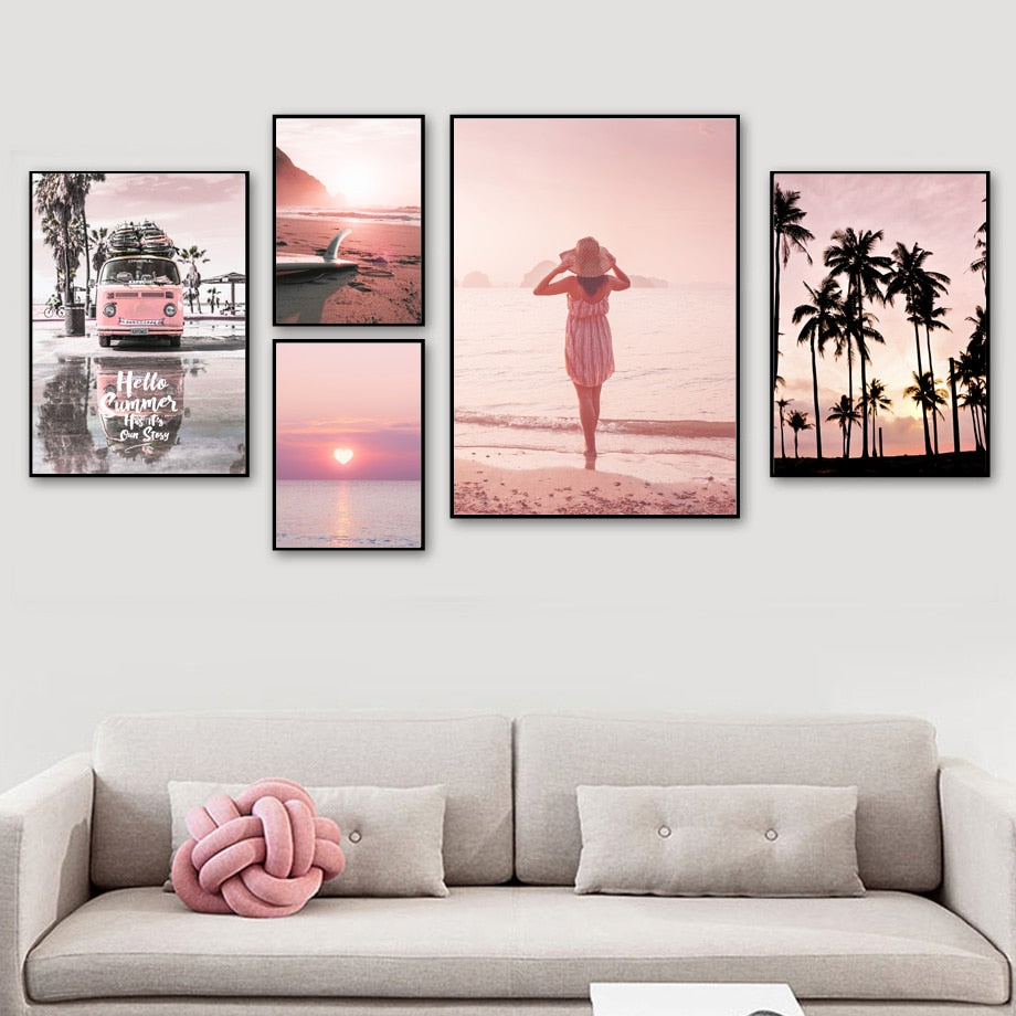 Pink Sunset Beach Coconut Tree Surfboard Wall Art