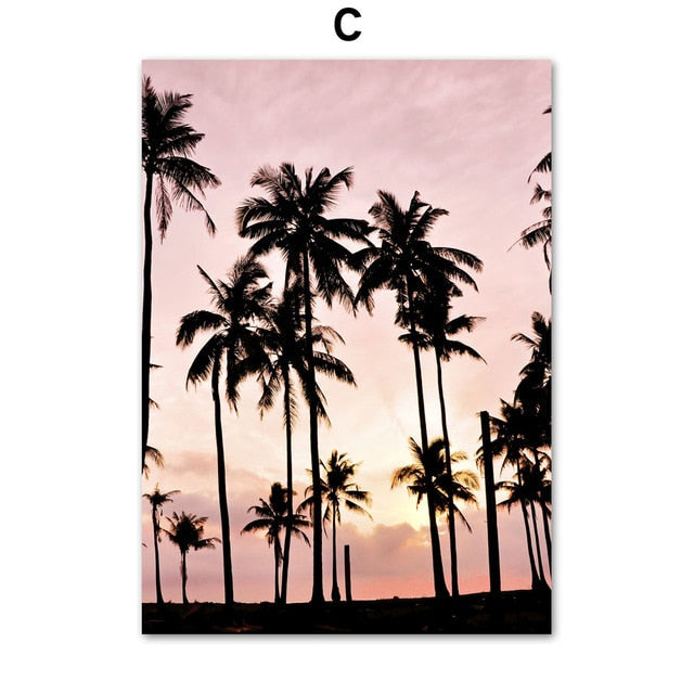 Pink Sunset Beach Coconut Tree Surfboard Wall Art