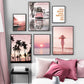 Pink Sunset Beach Coconut Tree Surfboard Wall Art